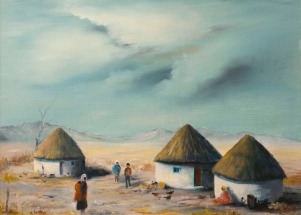 Rondavels in Africa (oil) by Muriel Elliott.